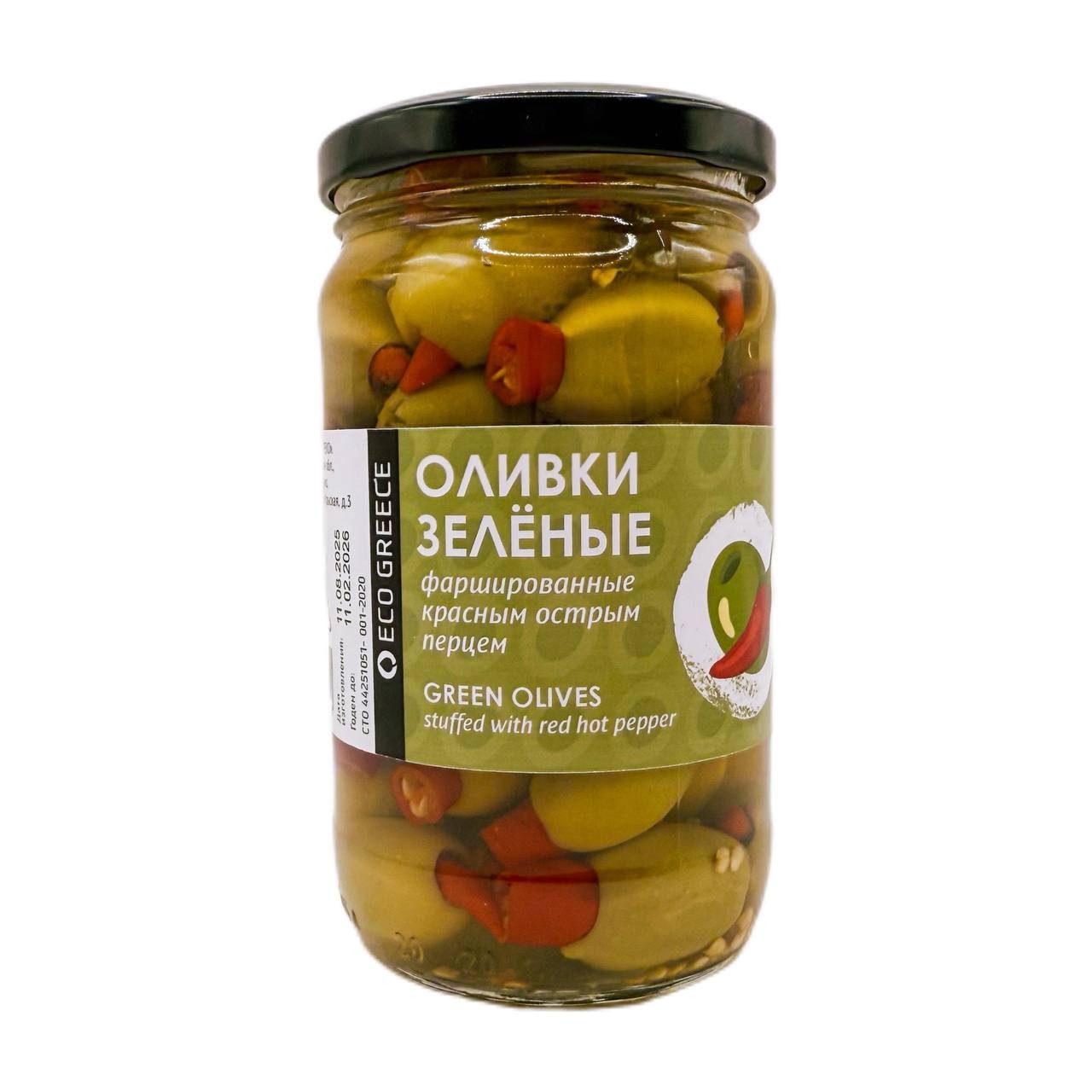 ОЛИВКИ, ФАРШИРОВАННЫЕ КРАСНЫМ ОСТРЫМ ПЕРЦЕМ, ECOGREECE, СТ.БАНКА, 340Г