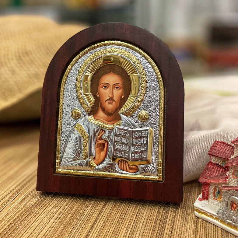 Икона "Спаситель" (107х128 мм), Ярослав. стиль, серебро, Греция