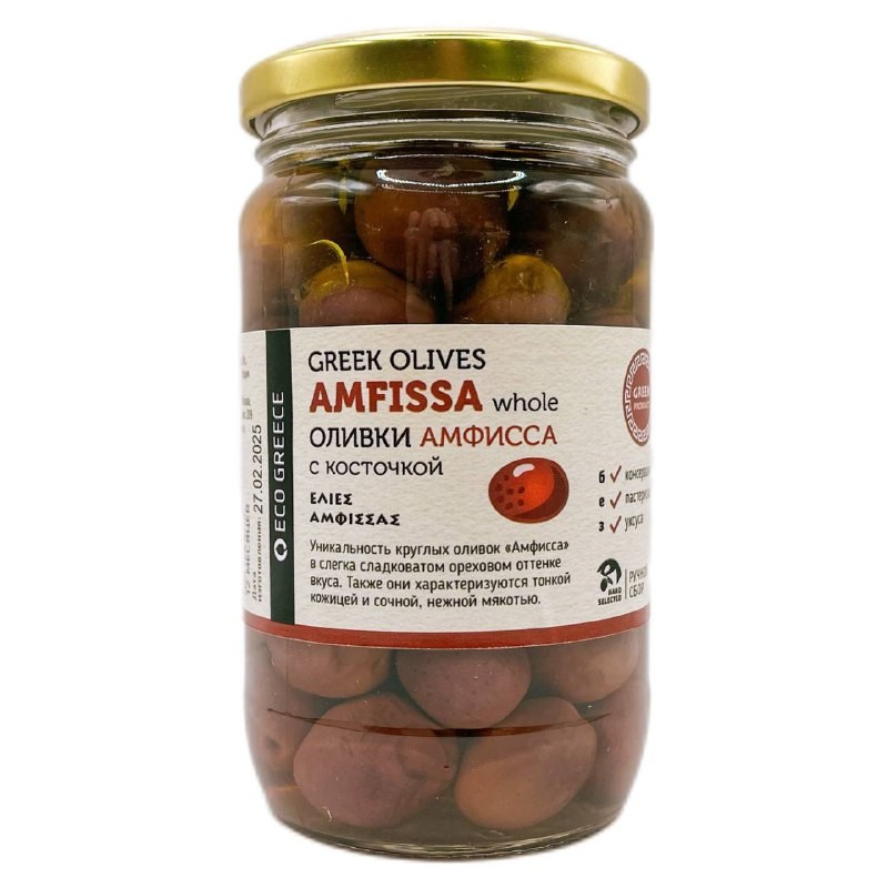 Оливки Амфисса с косточкой в рассоле, Греция, ст.банка, 350г